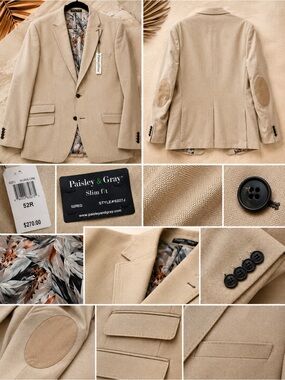 Paisley & Gray Slim Fit Sport Coat 52R Cream Beige Blazer Floral Lining NWT